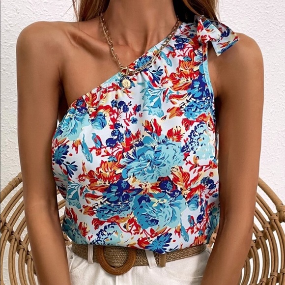 Boho Floral Print One Shoulder Top Blouse - Picture 4 of 15